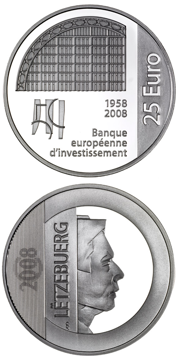 Image of 25 euro coin - 50 years European Investment Bank  | Luxembourg 2008.  The Silver coin is of Proof quality.