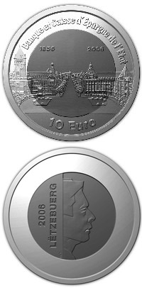 Image of 10 euro coin - 150 years Banque et Caisse d'Epargne de l'Etat  | Luxembourg 2006.  The Bimetal: silver, titanium coin is of BU quality.