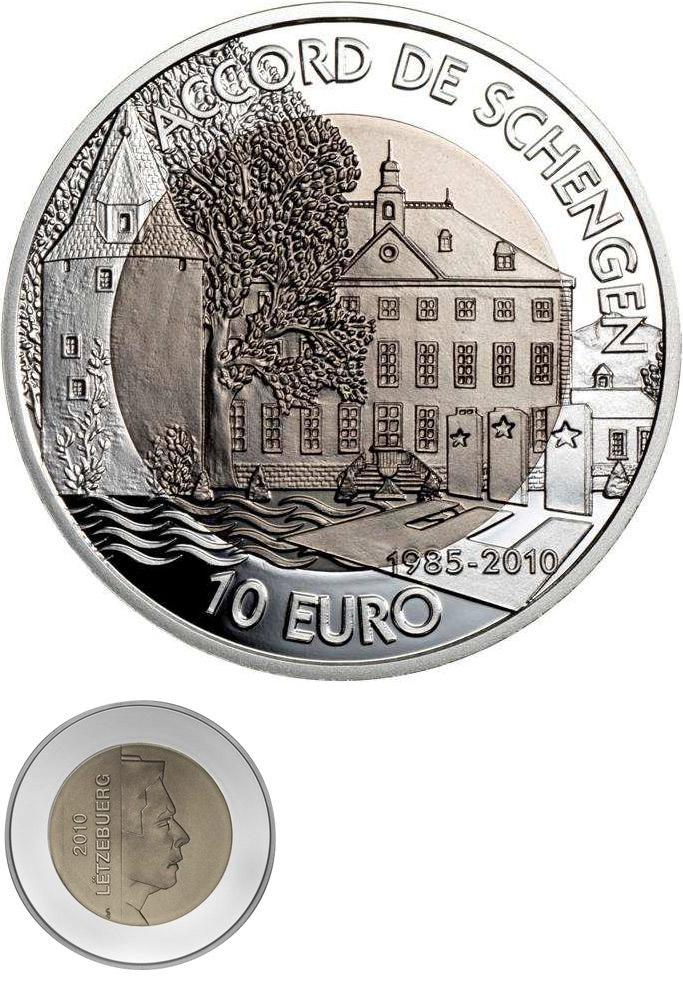 Image of 10 euro coin - 25th Anniversary Of The Schengen Agreement | Luxembourg 2010.  The Bimetal: silver, titanium coin is of proof-like quality.