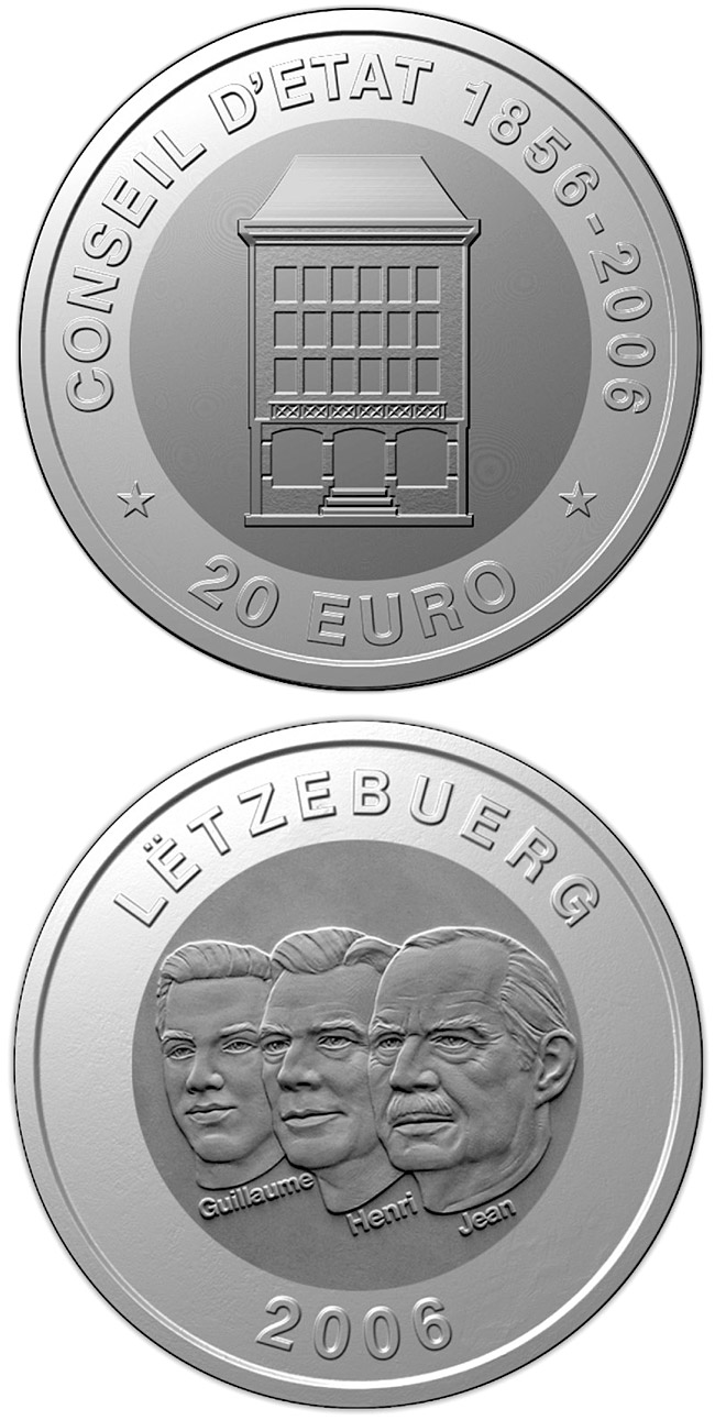 Image of 20 euro coin - 150 years Council of State  | Luxembourg 2006.  The Bimetal: silver, titanium coin is of BU quality.