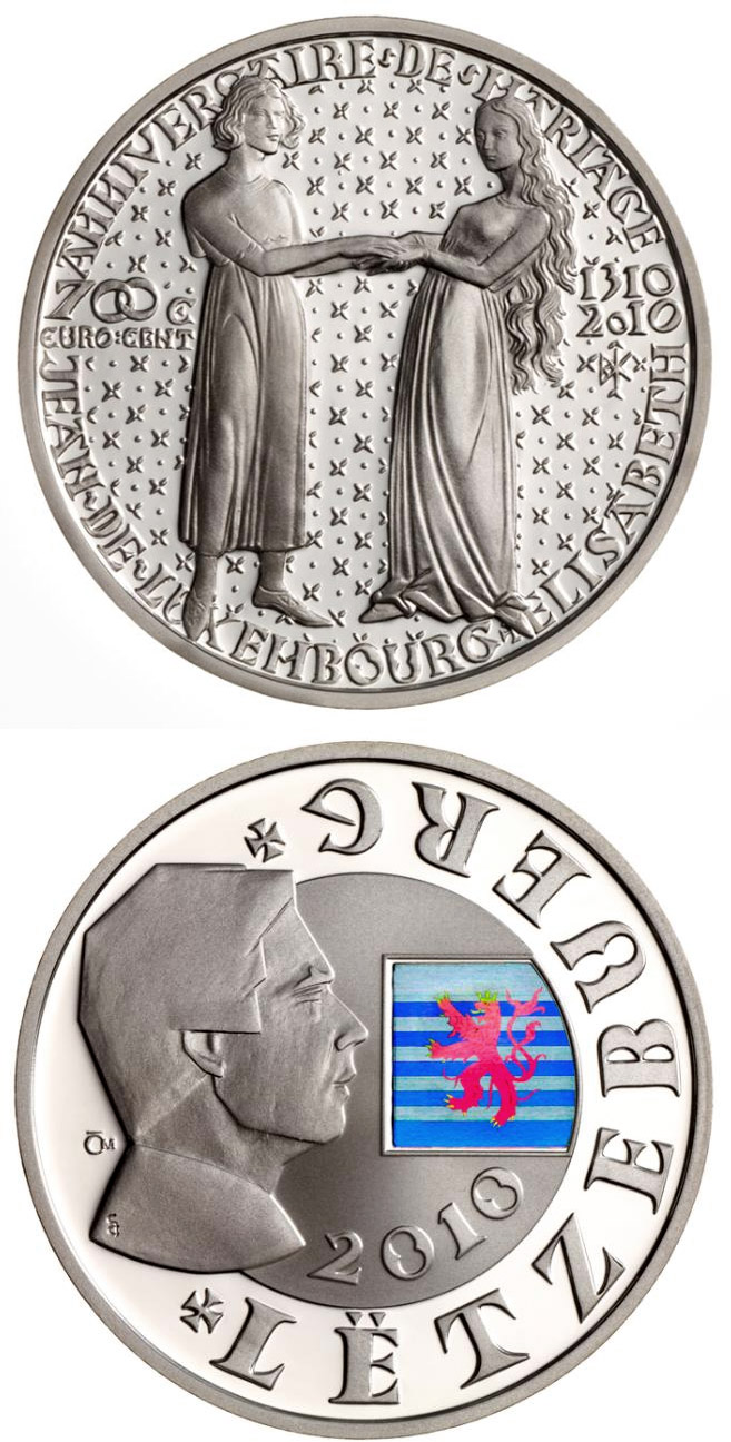 Image of 700 eurocents coin - 700th Anniversary Of The Wedding Of John Of Luxembourg With Elisabeth Of Bohemia | Luxembourg 2010.  The Silver coin is of Proof quality.
