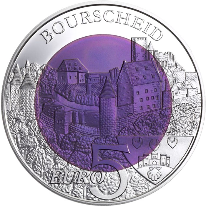 Image of 5 euro coin - Château Bourscheid | Luxembourg 2012.  The Bimetal: silver, niobium coin is of BU quality.