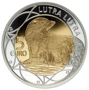 Image of 5 euro coin - European Otter | Luxembourg 2011.  The Bimetal: silver, nordic gold coin is of Proof quality.