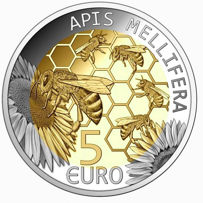 Image of 5 euro coin - European honey bee | Luxembourg 2013.  The Bimetal: silver, nordic gold coin is of Proof quality.