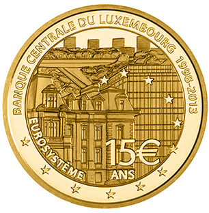 Image of 15 euro coin - 15th Anniversary of the Banque Centrale Du Luxembourg | Luxembourg 2013.  The Gold coin is of Proof quality.