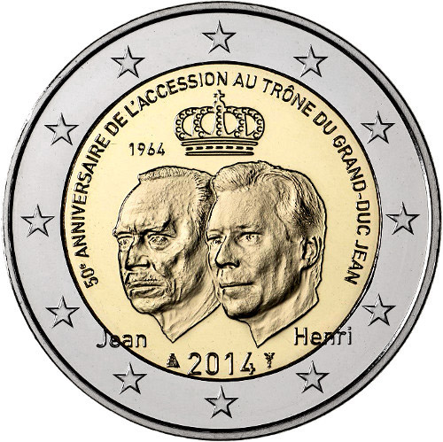Image of 2 euro coin - 50th Anniversary of the Accession to the Throne of Grand Duke Jean | Luxembourg 2014