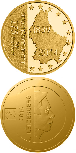 Image of 1.75 euro coin - 175 Years Independance Of Luxembourg | Luxembourg 2014.  The Silver coin is of Proof quality.