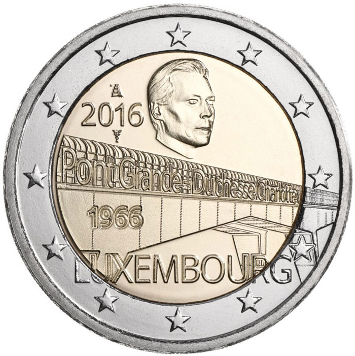 Image of 2 euro coin - 50 Years of Grand Duchess Charlotte Bridge | Luxembourg 2016