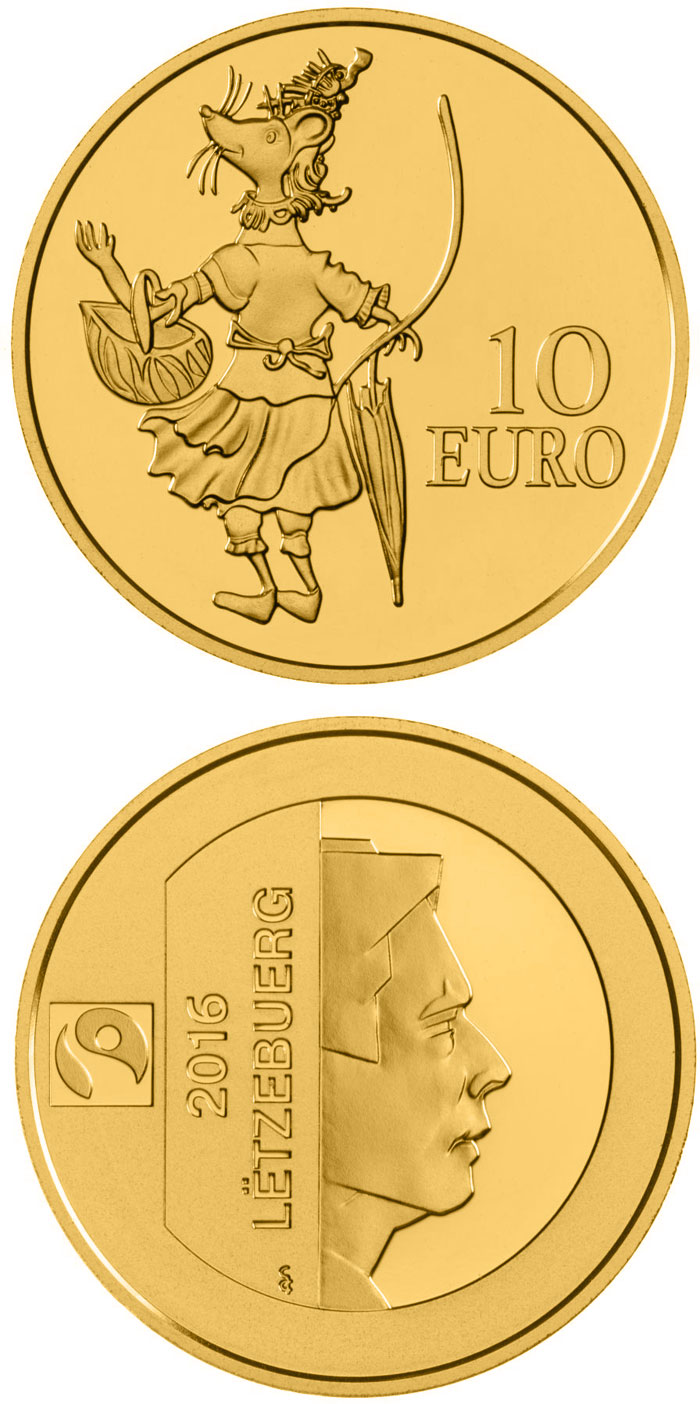 Image of 10 euro coin - D'MAUS KETTI | Luxembourg 2016.  The Gold coin is of Proof quality.