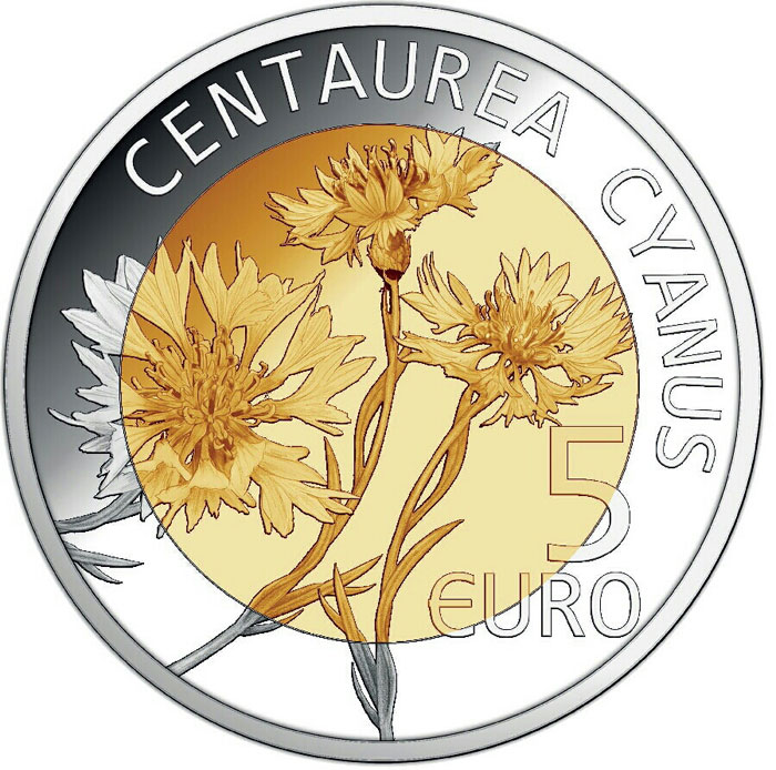 Image of 5 euro coin - Centaurea Cyanus | Luxembourg 2016.  The Bimetal: silver, nordic gold coin is of Proof quality.