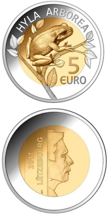 Image of 5 euro coin - European Tree Frog (Hyla Arborea) | Luxembourg 2017.  The Bimetal: silver, nordic gold coin is of Proof quality.