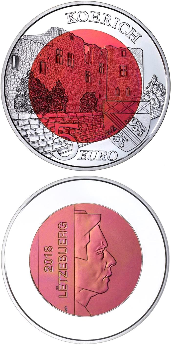 Image of 5 euro coin - Koerich Castle | Luxembourg 2018.  The Bimetal: silver, niobium coin is of BU quality.