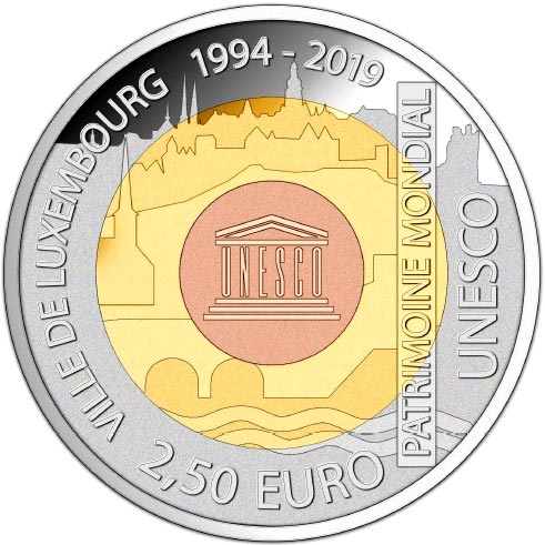 Image of 2.5 euro coin - Ville De Luxembourg 1994 - 2019 | Luxembourg 2019.  The Bimetal: silver, nordic gold coin is of Proof quality.