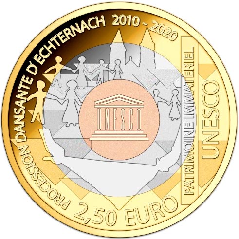 Image of 2.5 euro coin - Procession Dansante D'Echternach 2010 - 2020 | Luxembourg 2020.  The Bimetal: silver, nordic gold coin is of Proof quality.