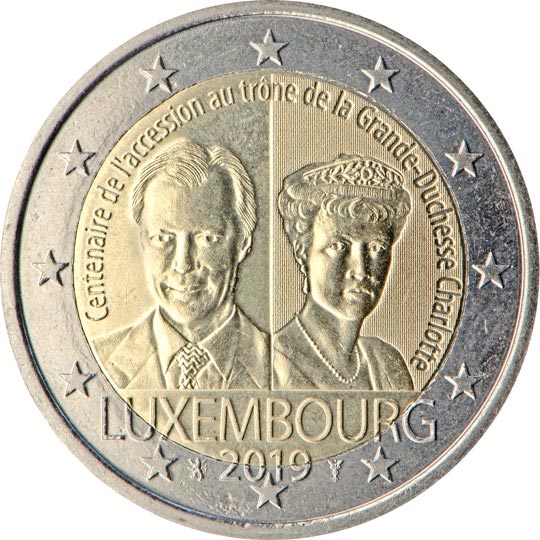 Image of 2 euro coin - 100th anniversary of the accession to the throne of Grand Duchess Charlotte | Luxembourg 2019