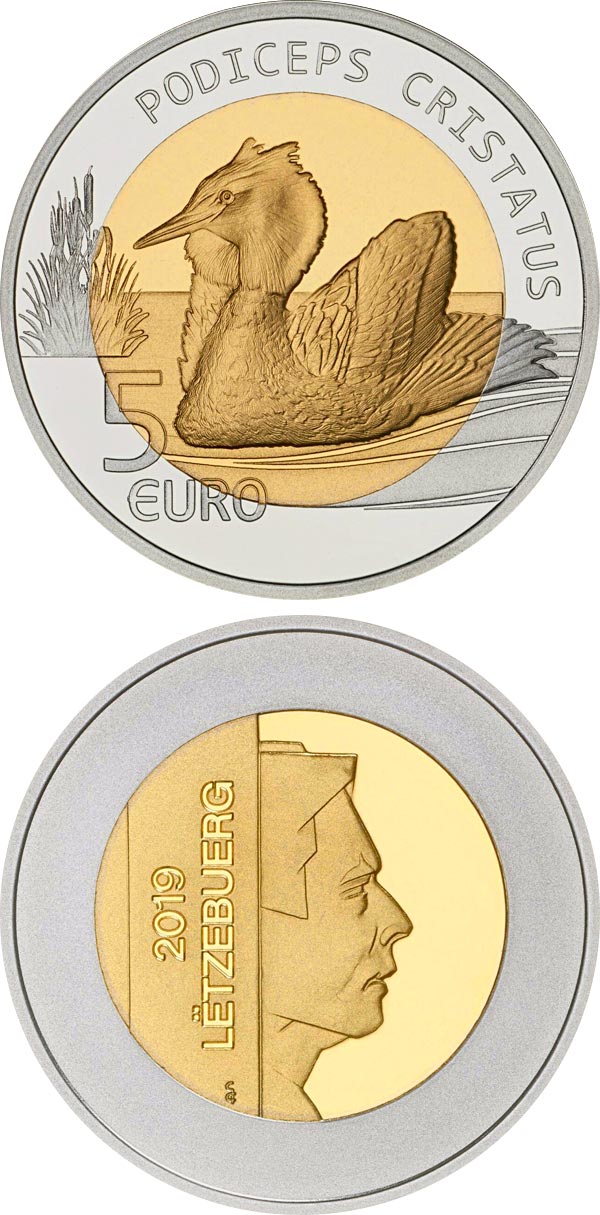 Image of 5 euro coin - Great crested grebe | Luxembourg 2019.  The Bimetal: silver, nordic gold coin is of Proof quality.