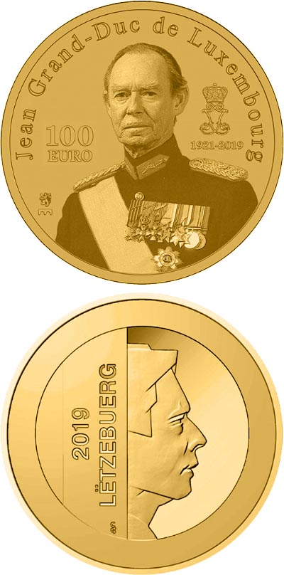 Image of 100 euro coin - In Memory to the Grand Duke Jean
of Luxembourg (1921- 2019) | Luxembourg 2019.  The Gold coin is of Proof quality.