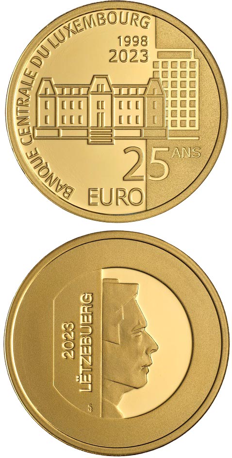 Image of 25 euro coin - 25th Anniversary of the Banque Centrale Du Luxembourg | Luxembourg 2023.  The Gold coin is of Proof quality.