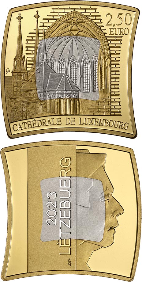 Image of 2.5 euro coin - The Luxembourg Cathedral | Luxembourg 2023.  The Bimetal: silver, nordic gold coin is of Proof quality.