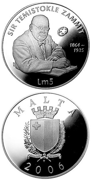 Image of 5 lira coin - Sir Temistokle Zammit  | Malta 2006.  The Silver coin is of Proof quality.