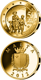Image of 50 euro coin - Antonio Sciortino - Les Gavroches | Malta 2012.  The Gold coin is of Proof quality.