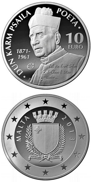 Image of 10 euro coin - Dun Karm Psaila | Malta 2013.  The Silver coin is of Proof quality.