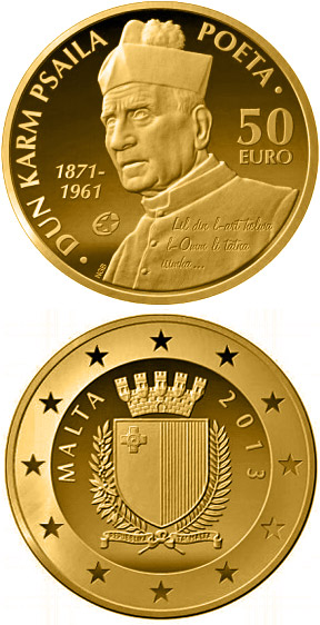 Image of 50 euro coin - Dun Karm Psaila | Malta 2013.  The Gold coin is of Proof quality.