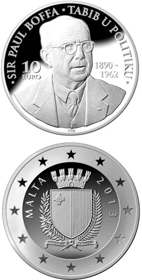Image of 10 euro coin - Sir Paul Boffa | Malta 2013.  The Silver coin is of Proof quality.