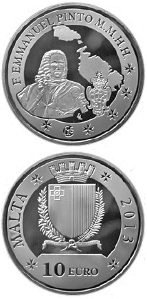 Image of 10 euro coin - Grand Master Emmanuel Pinto | Malta 2013.  The Silver coin is of Proof quality.