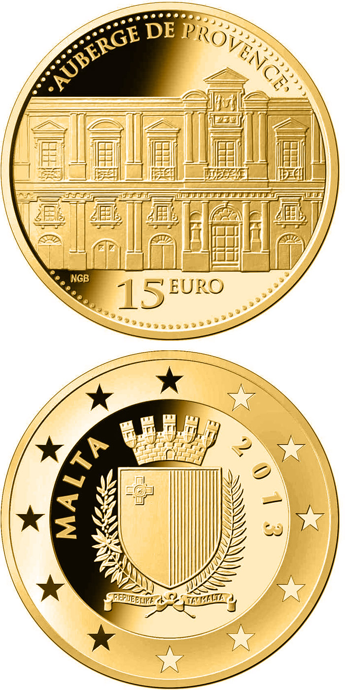 Image of 15 euro coin - Auberge de Provence | Malta 2013.  The Gold coin is of Proof quality.