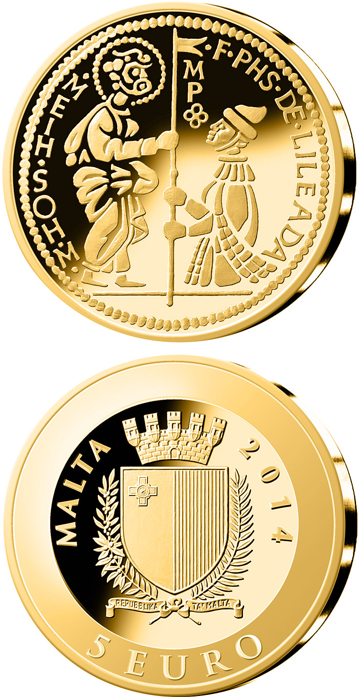 Image of 5 euro coin - The Zecchino | Malta 2014.  The Gold coin is of Proof quality.