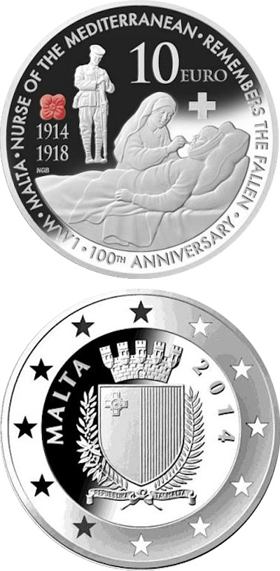 Image of 10 euro coin - 100th anniversary of the First World War | Malta 2014.  The Silver coin is of Proof quality.