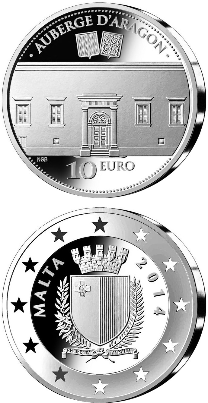 Image of 10 euro coin - Auberge d'Aragon  | Malta 2014.  The Silver coin is of Proof quality.