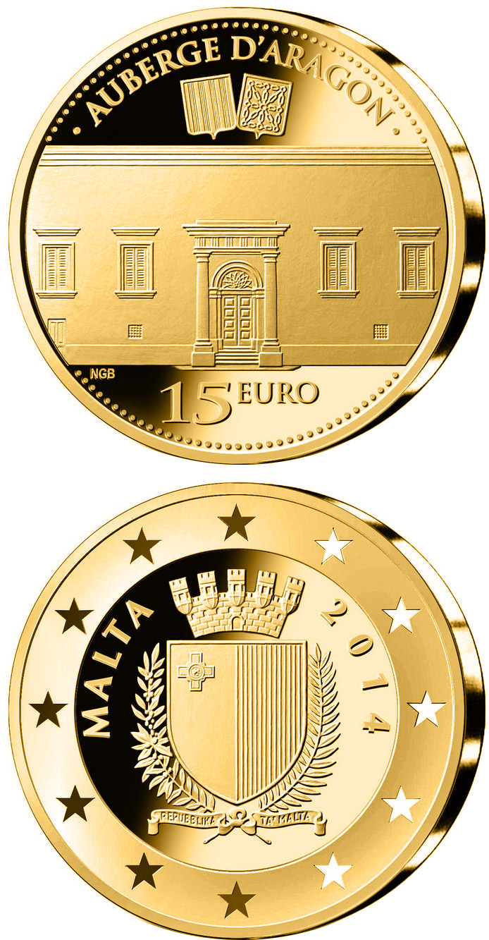 Image of 15 euro coin - Auberge d'Aragon  | Malta 2014.  The Gold coin is of Proof quality.