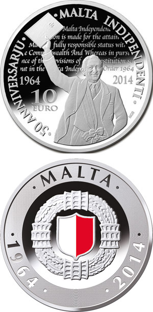 Image of 10 euro coin - 50th Anniversary of Malta Independence | Malta 2014.  The Silver coin is of Proof quality.