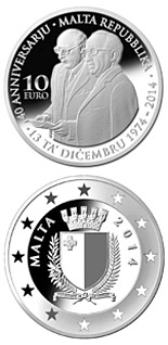 Image of 10 euro coin - 40th Anniversary of the Republic of Malta | Malta 2014.  The Silver coin is of Proof quality.