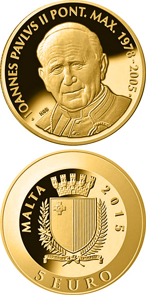 Image of 5 euro coin - Pope John Paul II | Malta 2015.  The Gold coin is of Proof quality.