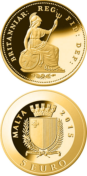 Image of 5 euro coin - One-third farthing | Malta 2015.  The Gold coin is of Proof quality.