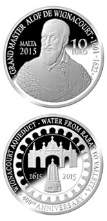 Image of 10 euro coin - 400th Anniversary of the Wignacourt Aqueduct  | Malta 2015.  The Silver coin is of Proof quality.