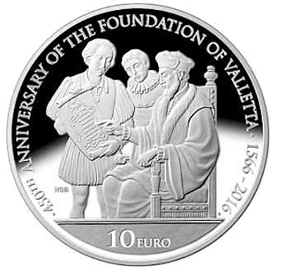 Image of 10 euro coin - 450th anniversary of the foundation of Valletta  | Malta 2016.  The Silver coin is of Proof quality.