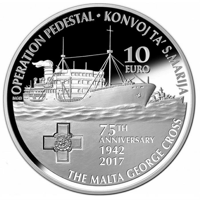 Image of 10 euro coin - Santa Maria Convoy 75 Years | Malta 2017.  The Silver coin is of Proof quality.