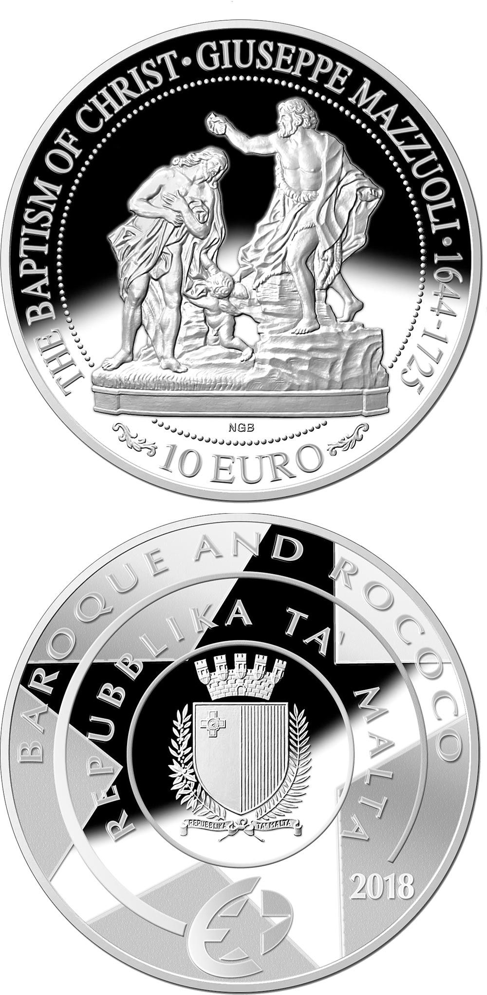 Image of 10 euro coin - Baptism of Christ | Malta 2018.  The Silver coin is of Proof quality.
