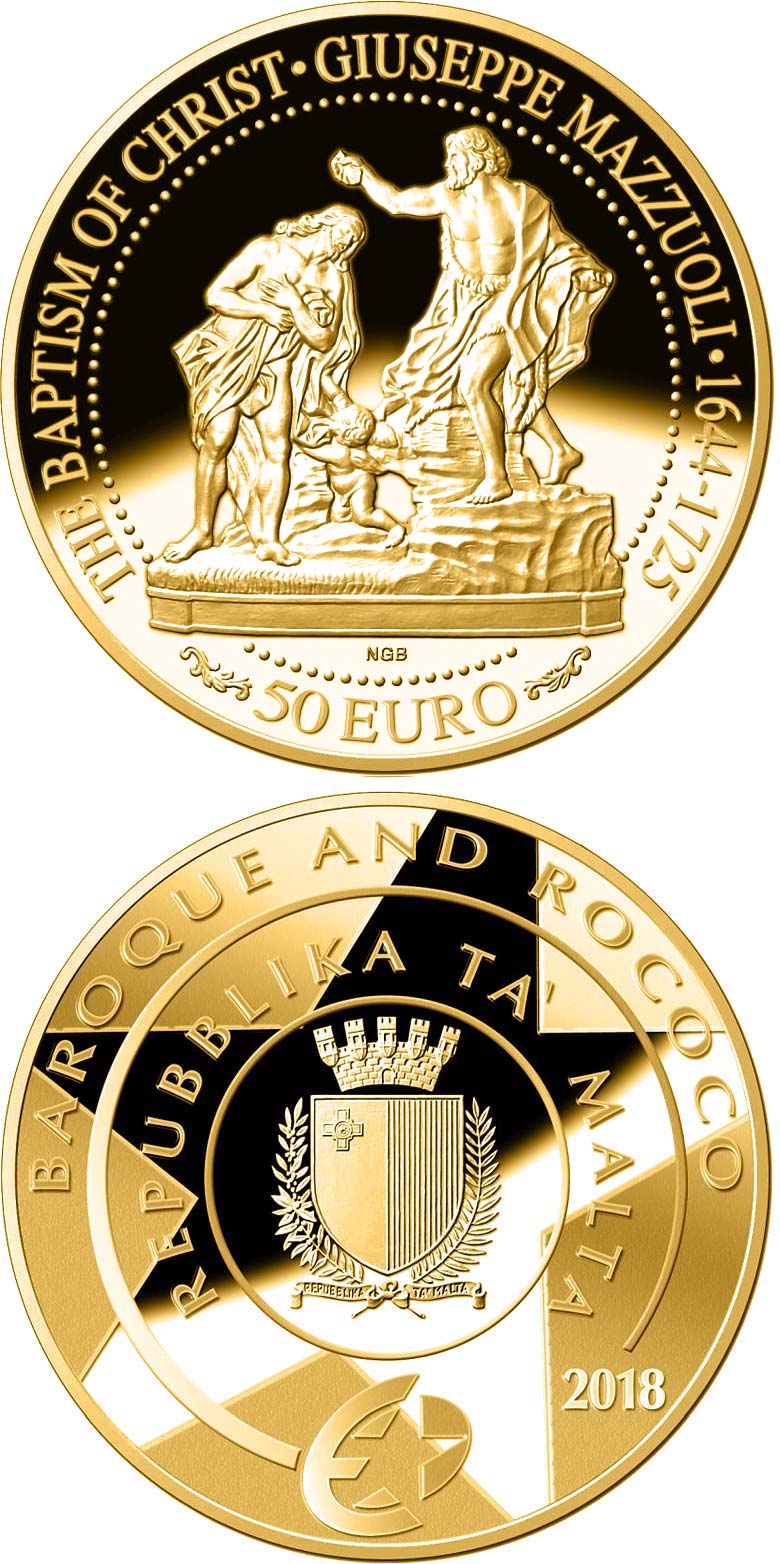 Image of 50 euro coin - Baptism of Christ | Malta 2018.  The Gold coin is of Proof quality.