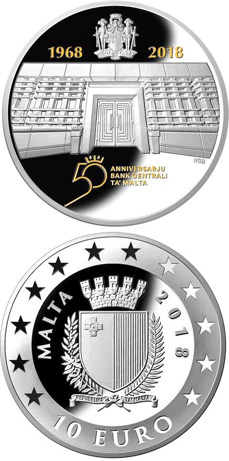 Image of 10 euro coin - 50th Anniversary of the Central Bank of Malta  | Malta 2018.  The Silver coin is of Proof quality.