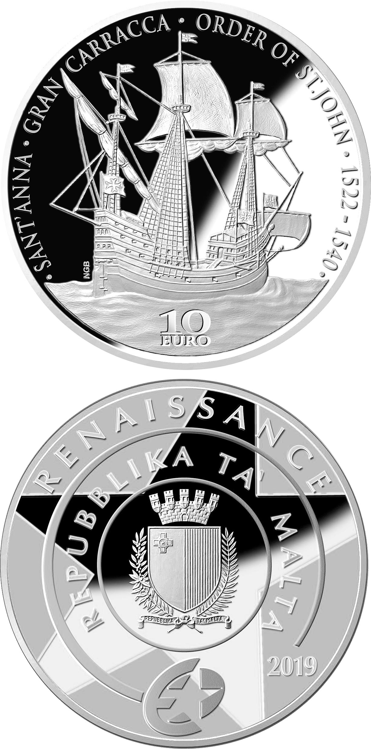Image of 10 euro coin - The Gran Carracca of the Order of St John | Malta 2019.  The Silver coin is of Proof quality.