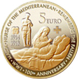 Image of 5 euro coin - 100th Anniversary End of World War I | Malta 2018.  The Brass coin is of BU quality.