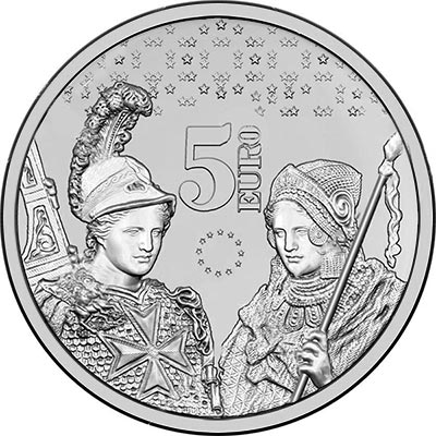 Image of 5 euro coin - Ten years of the euro in Malta | Malta 2018.  The Copper–Nickel (CuNi) coin is of BU quality.