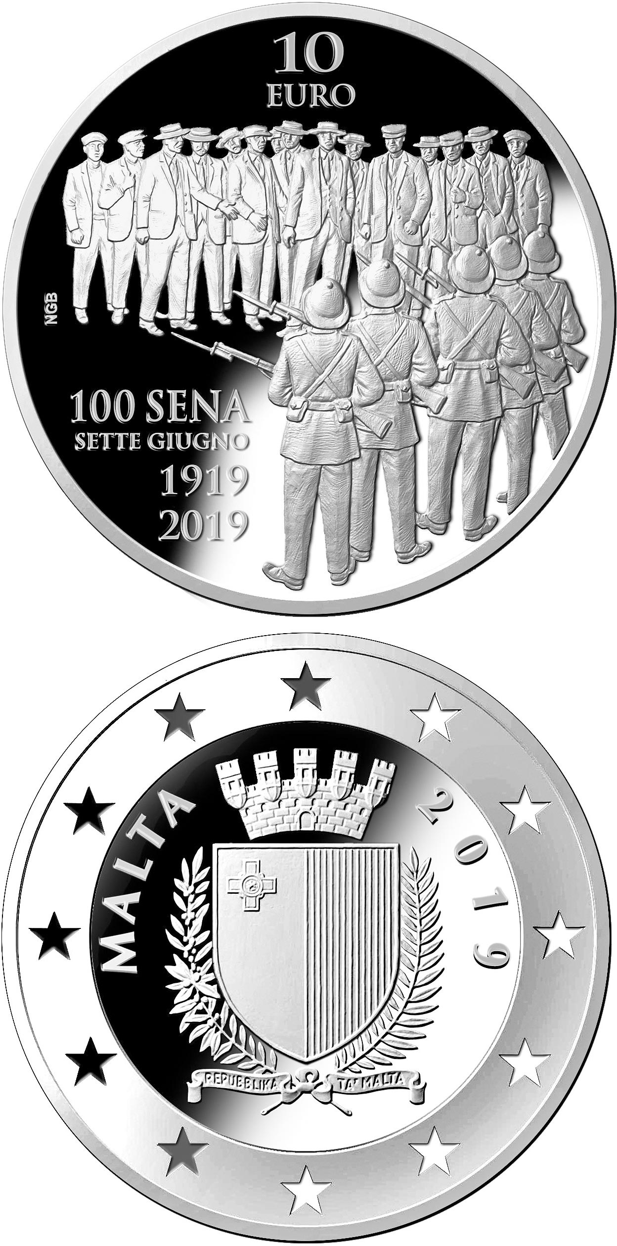 Image of 10 euro coin - Centenary of the Sette Giugno Riots 1919 | Malta 2019.  The Silver coin is of Proof quality.