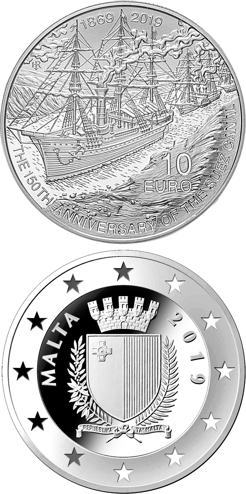 Image of 10 euro coin - 150th Anniversary of the Suez Canal  | Malta 2019.  The Silver coin is of Proof quality.