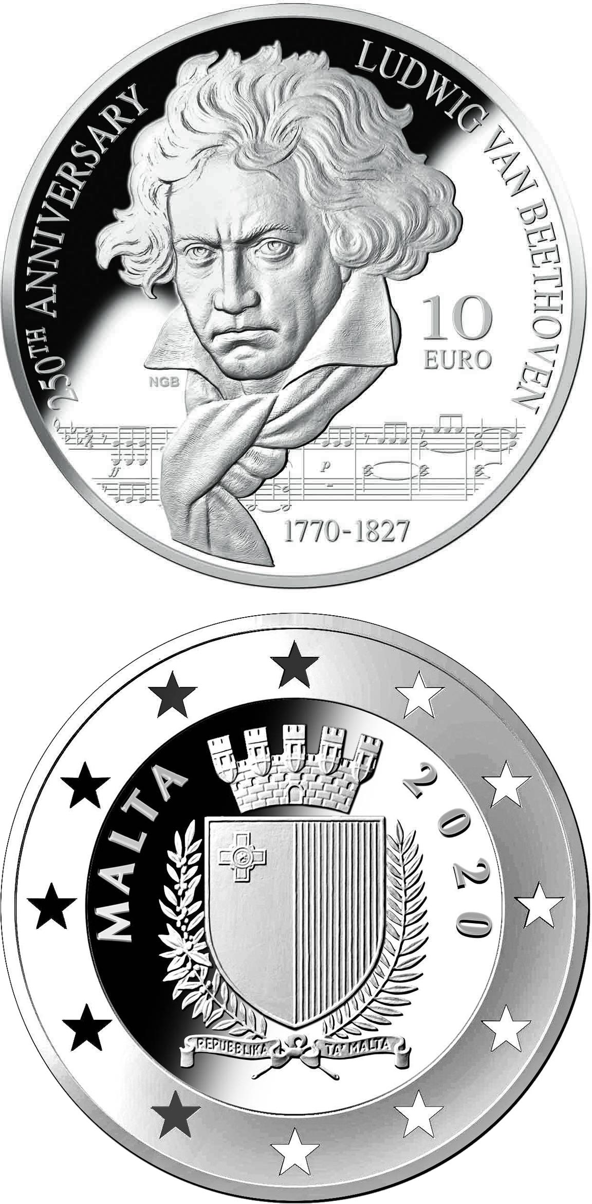 Image of 10 euro coin - 250th Anniversary of the Birth of Ludwig van
Beethoven | Malta 2020.  The Silver coin is of Proof quality.
